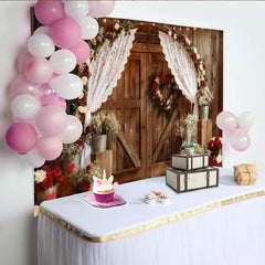 Lofaris Rustic Wooden Barn Door Party Backdrop, Red and White Roses Floral Arch with Lace Curtains, Wedding Anniversary Decor