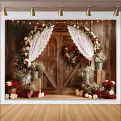 Lofaris Rustic Wooden Barn Door Party Backdrop, Red and White Roses Floral Arch with Lace Curtains, Wedding Anniversary Decor