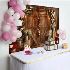 Lofaris Rustic Wooden Barn Door Party Backdrop, Elegant Red and White Rose Floral Arch Wedding Photography.