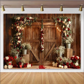 Lofaris Rustic Wooden Barn Door Party Backdrop, Elegant Red and White Rose Floral Arch Wedding Photography.