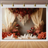 Lofaris Boho Red Roses and Hearts Party Backdrop with Pampas Grass, Elegant Valentine's Day Wedding Photo Decor