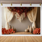 Lofaris Rustic Red Roses and Hearts Macrame Party Backdrop with Cream Curtains, for Valentine's Day Wedding