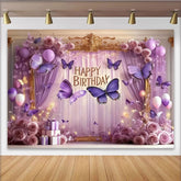 Lofaris Happy Birthday Purple Butterfly Party Backdrop with Elegant Roses and Balloons, Gold Frame Decor