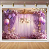 Lofaris Elegant Purple Lavender Happy Birthday Party Backdrop with Butterflies, Roses and Balloons, Golden Frame Decor