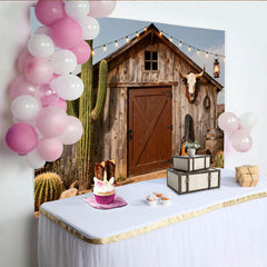 Lofaris Rustikaler Western-Scheunen-Hintergrund mit Kaktus und Lichterketten, für Cowboy-Partys und Fotoshootings