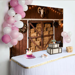 Lofaris Rustikaler Western-Scheunen-Hintergrund mit Heu, Lichterkette und Cowboy-Elementen, für Country-Partys und Fotoshootings