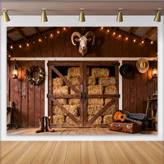 Lofaris Rustikaler Western-Scheunen-Hintergrund mit Heu, Lichterkette und Cowboy-Elementen, für Country-Partys und Fotoshootings