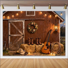 Lofaris Rustikale Scheune Lichterkette Blumenkranz Partyhintergrund, mit Cowboy Stiefeln Heuballen und Gitarre