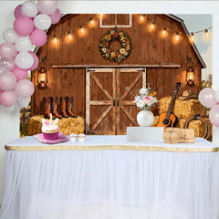 Lofaris Rustikaler Scheunen-Partyhintergrund, Country-Western-Dekoration mit Lichterketten und Heuballen