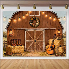 Lofaris Rustikaler Scheunen-Partyhintergrund, Country-Western-Dekoration mit Lichterketten und Heuballen