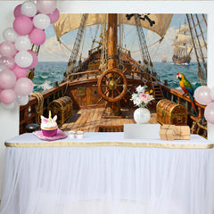 Lofaris Abenteuerlicher Piratenschiff-Schatzinsel-Partyhintergrund, mit Papagei und Steuerrad, für Kindergeburtstage