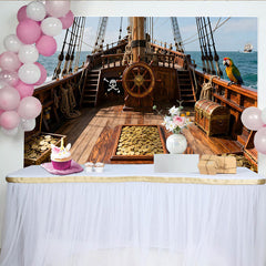 Lofaris Piratenschiff-Partyhintergrund mit Schatzkisten und Goldmünzen, für Kindergeburtstage und Abenteuerfeiern
