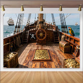 Lofaris Wooden Pirate Ship Birthday Backdrop with Treasure and Parrot, Ocean Adventure Party Background for Kids Photoshoot