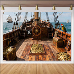 Lofaris Piratenschiff-Partyhintergrund mit Schatzkisten und Goldmünzen, für Kindergeburtstage und Abenteuerfeiern