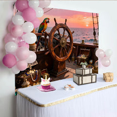 Lofaris Abenteuerlicher Piraten-Schiff-Partyhintergrund mit Schatz, Papagei und Sonnenuntergang am Meer, für Kindergeburtstage