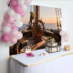 Lofaris Realistischer Piratenschiff-Partyhintergrund mit Steuerrad und Schatz, für Abenteuer-Geburtstage und Events