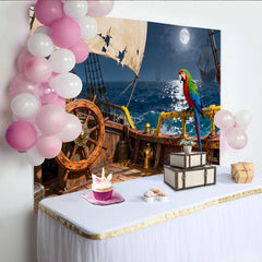 Lofaris Piratenschiff-Partyhintergrund mit Vollmond und Papagei, Goldmünzen und tattered Segel, für Abenteuer-Geburtstage