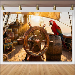 Lofaris Goldener Piratenschiff-Deck-Hintergrund mit Steuerrad, Papagei und Schatzkisten, für Abenteuer-Partys, Fotokulisse