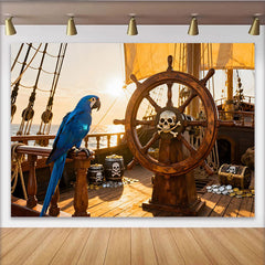 Lofaris Piratenschiff Steuerrad Totenkopf Papagei Schatzkiste Partyhintergrund, für Kindergeburtstage und Abenteuerpartys