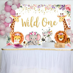 Lofaris Aquarell Safari-Tiere, Blumenkränze und Glitzer Party-Hintergrund, für den ersten Geburtstag und Babypartys