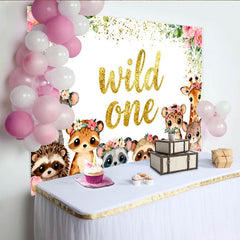 Lofaris Cute Watercolor Wild One Birthday Backdrop with Jungle Animals, Pink Floral Greenery Background for First Birthday Party.