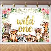 Lofaris Cute Watercolor Wild One Birthday Backdrop with Jungle Animals, Pink Floral Greenery Background for First Birthday Party.