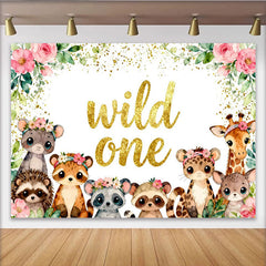 Lofaris Cute Watercolor Wild One Birthday Backdrop with Jungle Animals, Pink Floral Greenery Background for First Birthday Party.