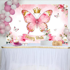 Lofaris Rosa Schmetterling Krone Glitzer Blumen Geburtstag Partyhintergrund, für Mädchen Geburtstagsfeier, Fotostudio-Requisiten