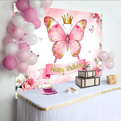 Lofaris Rosa Schmetterling Krone Glitzer Blumen Geburtstag Partyhintergrund, für Mädchen Geburtstagsfeier, Fotostudio-Requisiten