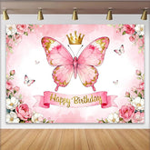 Lofaris Pink Butterfly Birthday Backdrop with Gold Crown and Watercolor Flowers, Elegant Happy Birthday Party Background for Girls Photoshoot
