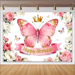 Lofaris Rosa Schmetterling-Hintergrund mit Goldkrone, Fotokulisse für Kindergeburtstage, florale Partydekoration