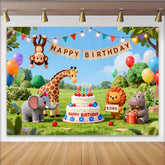 Lofaris Cute Cartoon Animal Happy Birthday Backdrop with Jungle Friends and Colorful Balloons, Vibrant Party Background for Kids Photoshoot