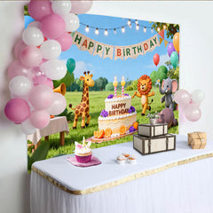 Lofaris Niedlicher Safari-Tier-Geburtstagsparty-Hintergrund, bunte Ballons, Kuchen und fröhliche Feier auf der Wiese