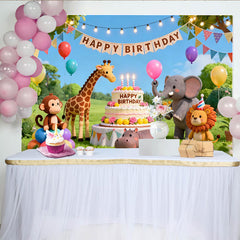 Lofaris Cute Cartoon Safari Animal Birthday Backdrop with Balloons, Vibrant Jungle Party Background for Kids Photoshoot