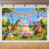 Lofaris Cute Cartoon Safari Animal Birthday Backdrop with Balloons, Vibrant Jungle Party Background for Kids Photoshoot