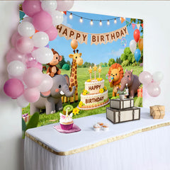 Lofaris Cartoon Safari Animal Happy Birthday Backdrop with Balloons and Cake, Green Grass Party Photography Background for Kids