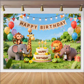 Lofaris Cartoon Safari Animal Happy Birthday Backdrop with Balloons and Cake, Green Grass Party Photography Background for Kids
