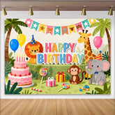 Lofaris Colorful Jungle Animal Happy Birthday Backdrop for Kids Party, Cute Safari Theme Photo Background for Celebration Decor