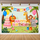 Lofaris Safari Animal Birthday Backdrop with Happy Birthday Sign, Cute Cartoon Jungle Party Background for Kids Celebration