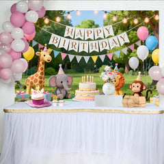 Lofaris Cute Cartoon Animal Birthday Backdrop with Balloons and Cake, Outdoor Park Party Background for Kids Photoshoot
