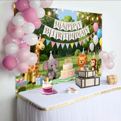 Lofaris Cute Cartoon Animal Birthday Backdrop with Balloons and Cake, Outdoor Park Party Background for Kids Photoshoot