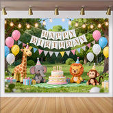 Lofaris Cute Cartoon Animal Birthday Backdrop with Balloons and Cake, Outdoor Park Party Background for Kids Photoshoot