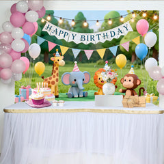 Lofaris Cute Cartoon Animal Happy Birthday Backdrop with Giraffe, Elephant, Lion, and Monkey, Green Grass Party Decor for Kids Photoshoot