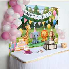 Lofaris Cute Cartoon Animal Happy Birthday Backdrop with Giraffe, Elephant, Lion, and Monkey, Green Grass Party Decor for Kids Photoshoot