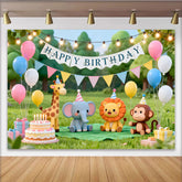 Lofaris Cute Cartoon Animal Happy Birthday Backdrop with Giraffe, Elephant, Lion, and Monkey, Green Grass Party Decor for Kids Photoshoot