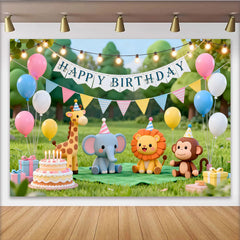 Lofaris Cute Cartoon Animal Happy Birthday Backdrop with Giraffe, Elephant, Lion, and Monkey, Green Grass Party Decor for Kids Photoshoot