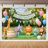Lofaris Cute Cartoon Animal Birthday Backdrop with Safari Friends and Party Hats, Vibrant Greenery Background for Kids Celebration