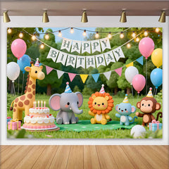 Lofaris Cute Cartoon Animal Birthday Backdrop with Safari Friends and Party Hats, Vibrant Greenery Background for Kids Celebration