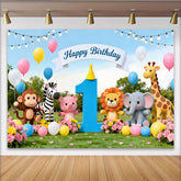 Lofaris Cartoon Safari Animal 1st Birthday Backdrop with Balloons and String Lights, Adorable Jungle Photo Background for Party Decor