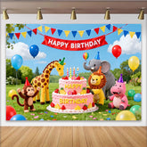 Lofaris Cute Animal Birthday Backdrop with Pink Cake and Balloons, Vibrant Party Decor for Children's Photoshoot and Celebration